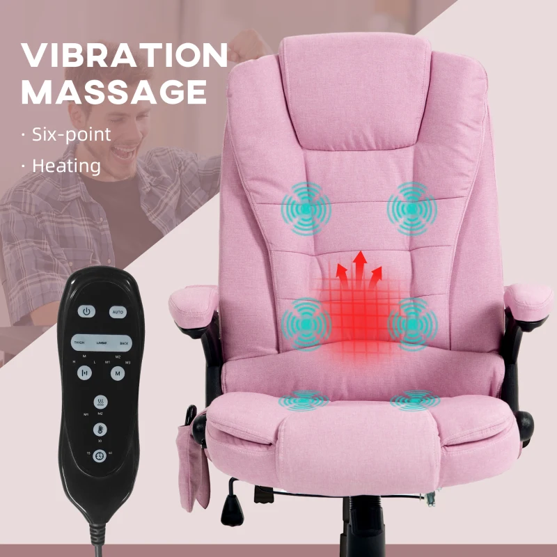 HOMCOM 6 Point Vibrating Massage Office Chair with Heat, Linen High Back Massage Desk Chair with Reclining Backrest, Pink