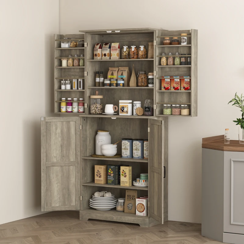 HOMCOM Farmhouse Kitchen Pantry, 72" Tall Pantry Cabinet with 4 Barn Doors, 4 Adjustable Shelves and 8 Door Shelves, Gray Wash