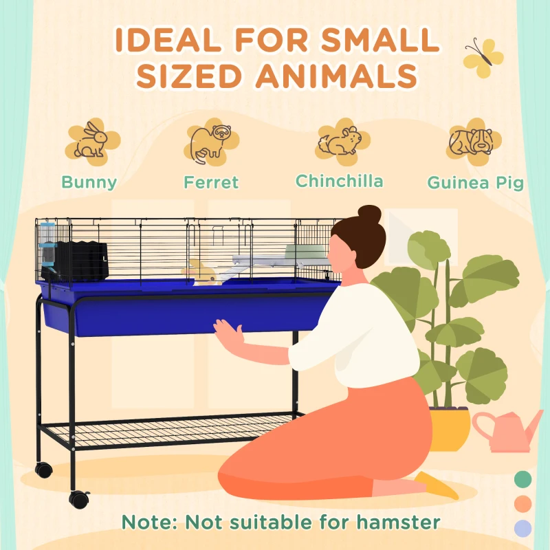 PawHut Two-Story Small Animal Cage Removable from Stand, Pet Habitat with Shelf & Wheels, 39" x 20.5" x 36.5", Blue