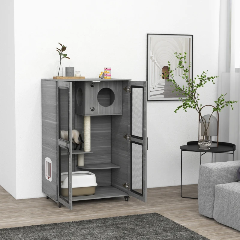 PawHut Cat Tree House with Scratching Post and Wheels, Gray