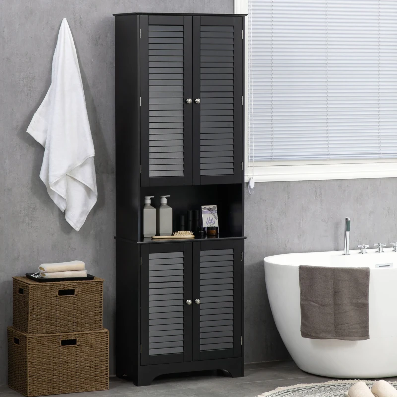 HOMCOM Tall Narrow Bathroom Storage Cabinet with Doors and Shelf Adjustability, Freestanding Linen Cabinet with 2 Cabinets and Countertop, Black