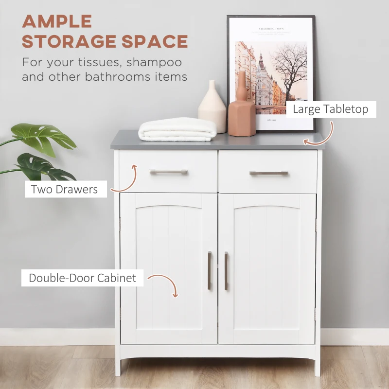 kleankin Bathroom Floor Cabinet, Freestanding Linen Cabinet, Storage Cabinet with 2 Drawers, Double Doors, Adjustable Shelf, White