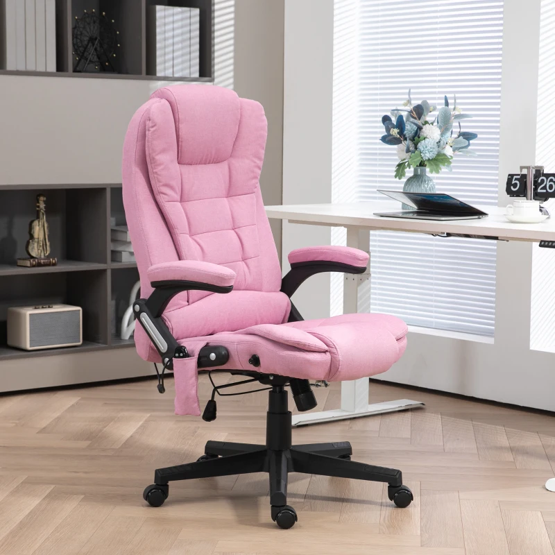 HOMCOM 6 Point Vibrating Massage Office Chair with Heat, Linen High Back Massage Desk Chair with Reclining Backrest, Pink