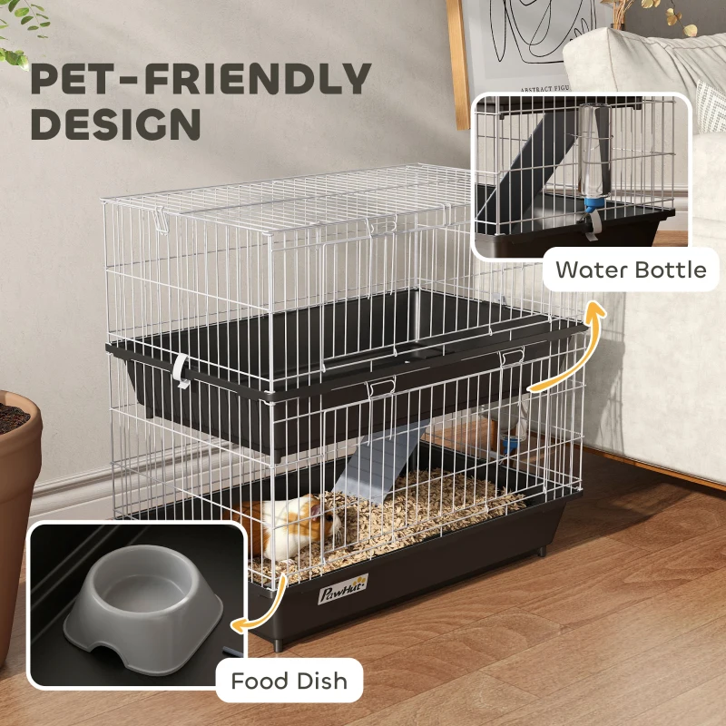 PawHut 2-Tier Small Animal Cage with 2 Doors, Trays, Dish, Bottle, and Ramp for Bunny, Ferret, Chinchilla, Black