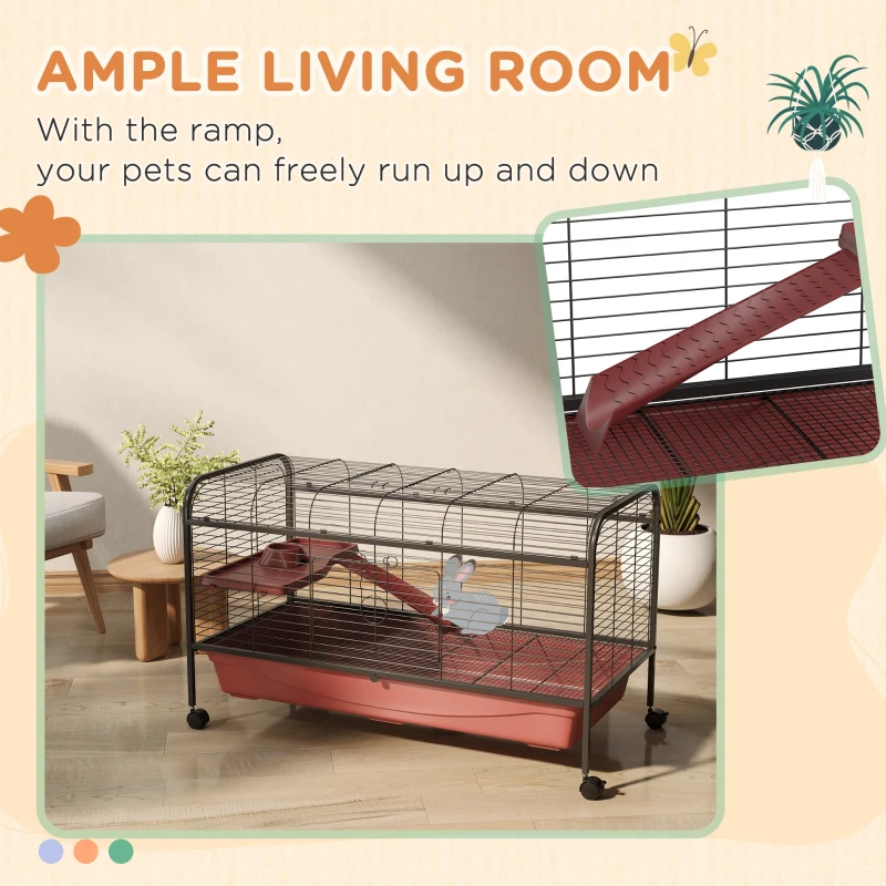 PawHut 48" L Small Animal Cage, Pet Play House for Rabbit Hutch or Ferret with Feeder, Rolling Wheels, Platform, Ramp