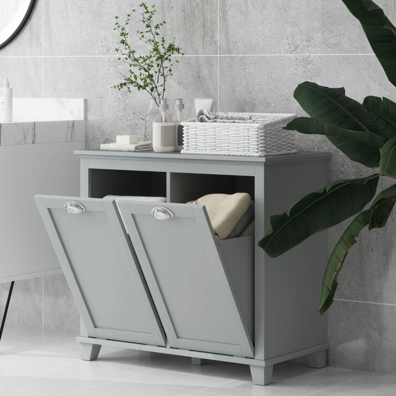 HOMCOM Dual Tilt out Laundry Hamper Cabinet, Bathroom Storage Cabinet with 2-Compartment Hamper, Modern Bathroom Floor Cabinet for Washroom, Gray