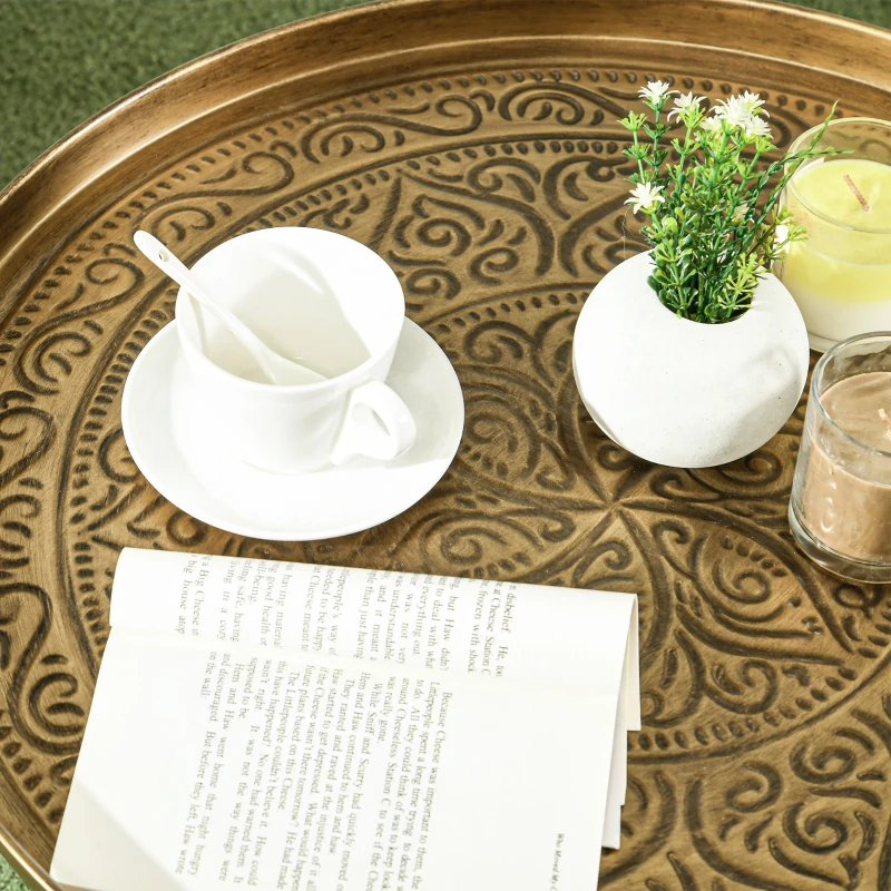 HOMCOM Vintage Coffee Table for Living Room, 24" Round Center Table with Hammered Tray Top and Metal Frame, Gold