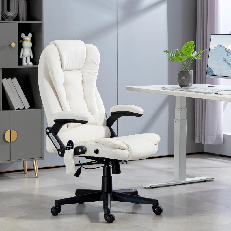 Vinsetto 6 Point Executive Office Chair with Heat, Velvet High Back Vibrating Massage Office Chair, Cream White