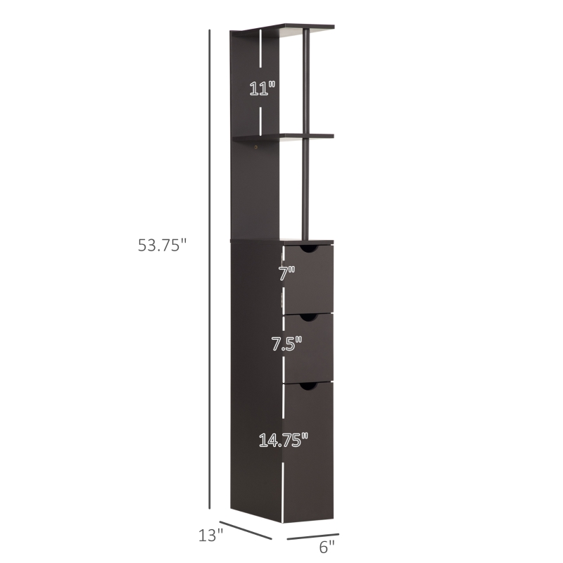 HOMCOM 54" Tall Bathroom Storage Cabinet, Freestanding Linen Tower with 2-Tier Shelf and Drawers, Narrow Side Floor Organizer, Brown