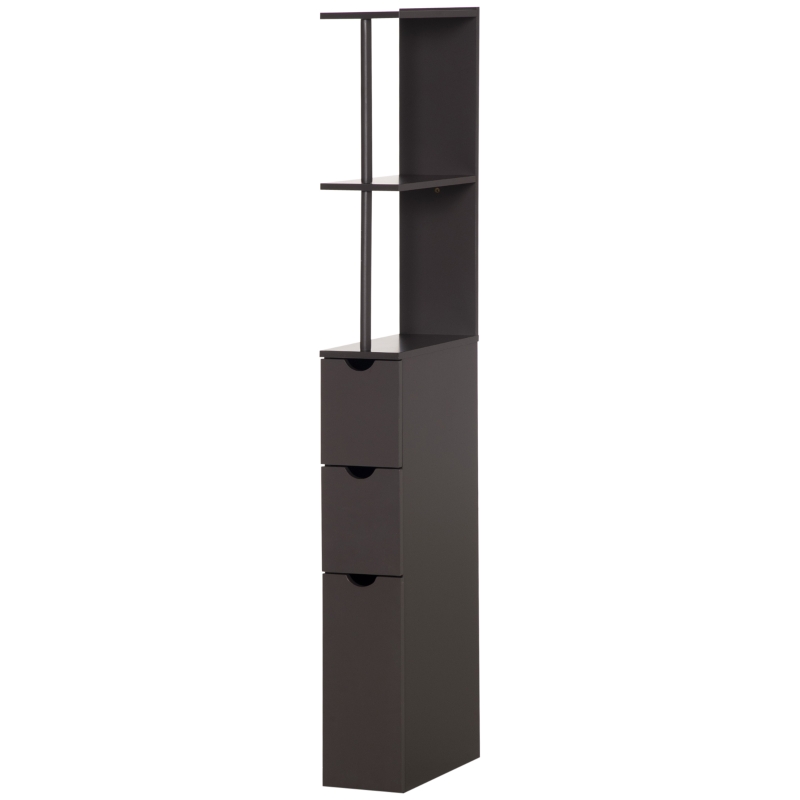 HOMCOM 54" Tall Bathroom Storage Cabinet, Freestanding Linen Tower with 2-Tier Shelf and Drawers, Narrow Side Floor Organizer, Brown