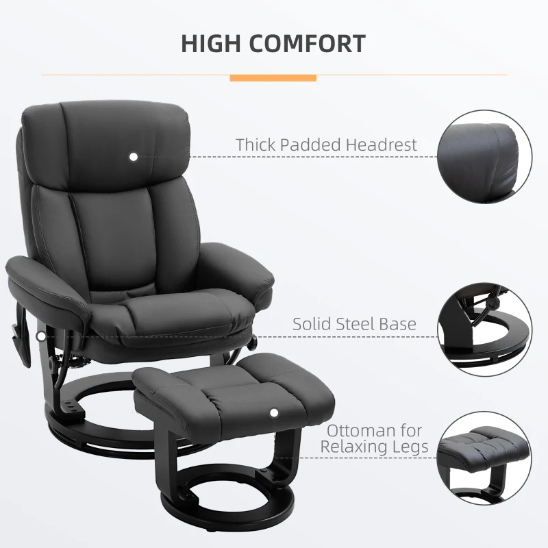 HOMCOM PU Leather Massage Recliner Chair with Ottoman, 10 Point Vibration Swiveling Armchair, Black