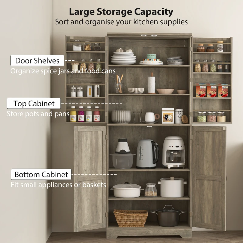 HOMCOM Farmhouse Kitchen Pantry, 72" Tall Pantry Cabinet with 4 Barn Doors, 4 Adjustable Shelves and 8 Door Shelves, Gray Wash