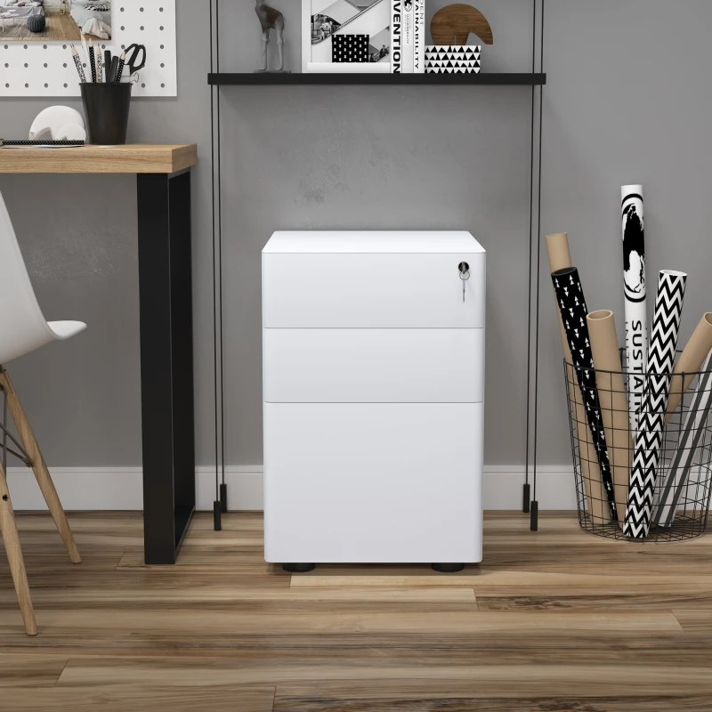 Vinsetto 3 Drawer Filing Cabinet, Steel Home Office Storage Cabinet with Wheels, Lock for A4, Letters, Legal-sized Files, White