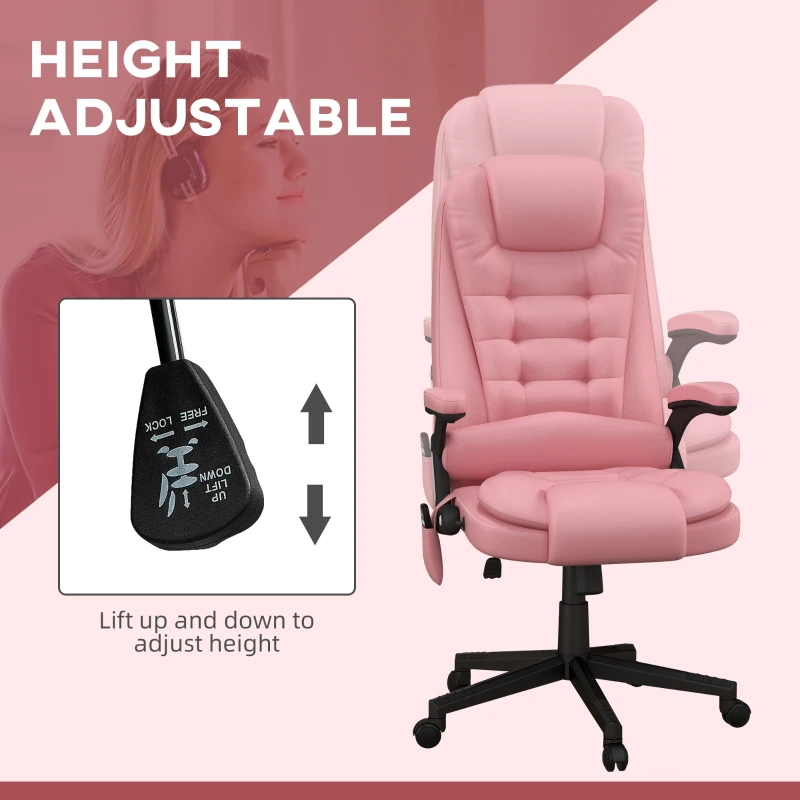 HOMCOM Massage Office Chair, Heated Reclining Computer Chair with 6 Vibration Points, Armrest and Remote, Pink