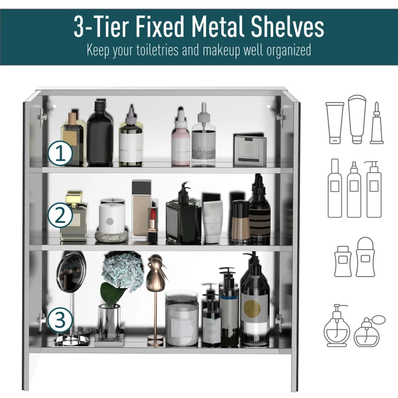 kleankin Bathroom Mirrored Cabinet, 24"x26" Stainless Steel Frame Medicine Cabinet, Wall-Mounted Storage Organizer with Double Doors, Silver