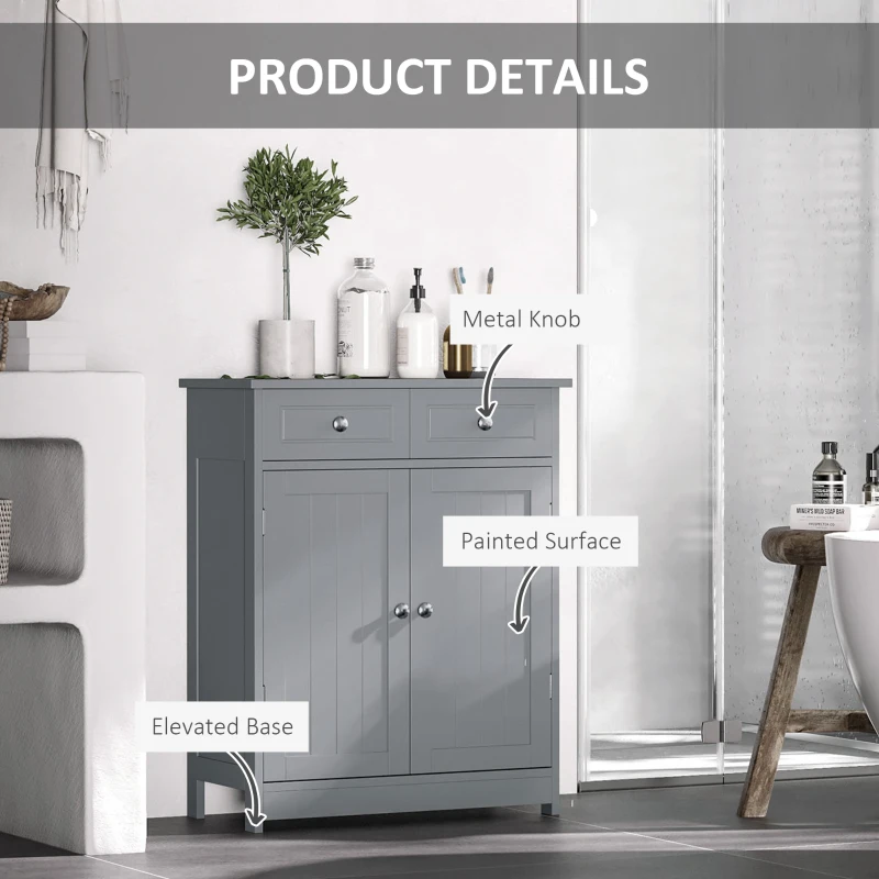 Kleankin Freestanding Bathroom Floor Cabinet, Wooden Bathroom Cabinet with 2 Doors, 2 Drawers and Adjustable Shelf, Gray