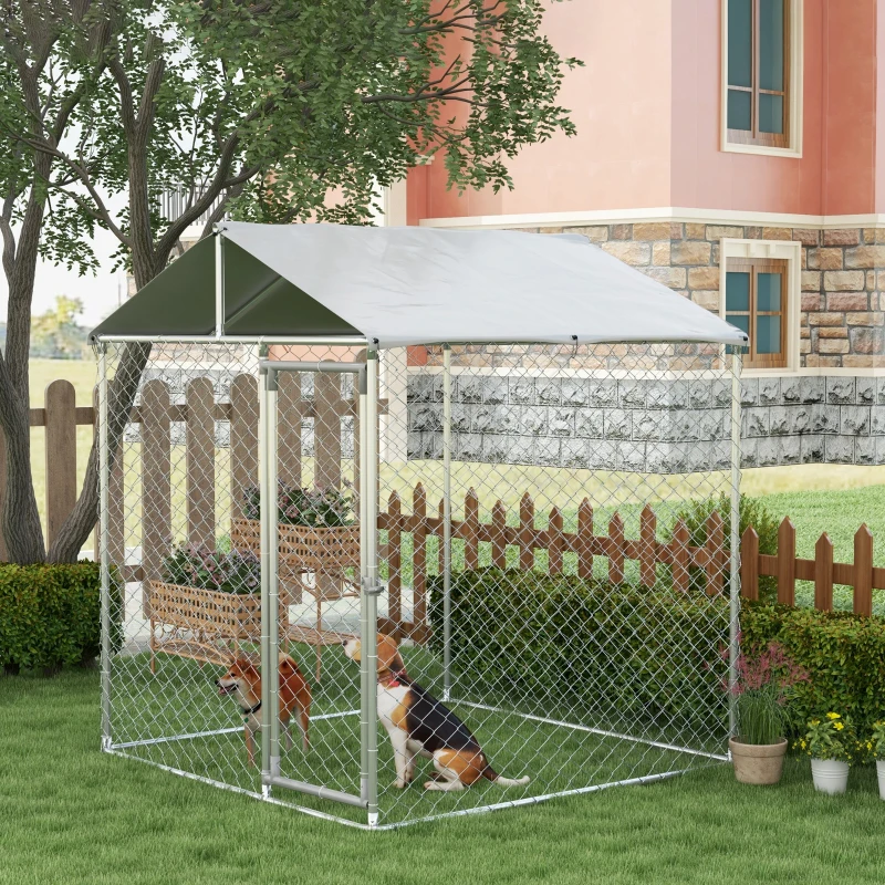 PawHut 6.6' x 6.6' x 7.8' Dog Kennel Outdoor for Small Medium Dogs with Waterproof Roof, Silver