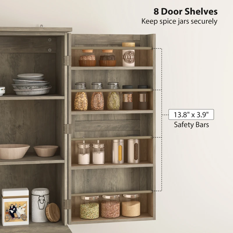 HOMCOM Farmhouse Kitchen Pantry, 72" Tall Pantry Cabinet with 4 Barn Doors, 4 Adjustable Shelves and 8 Door Shelves, Gray Wash