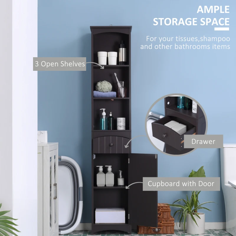HOMCOM Bathroom Storage Cabinet, Free Standing Bathroom Storage Unit, Tall Linen Tower with 3-Tier Shelves and Drawer, Brown