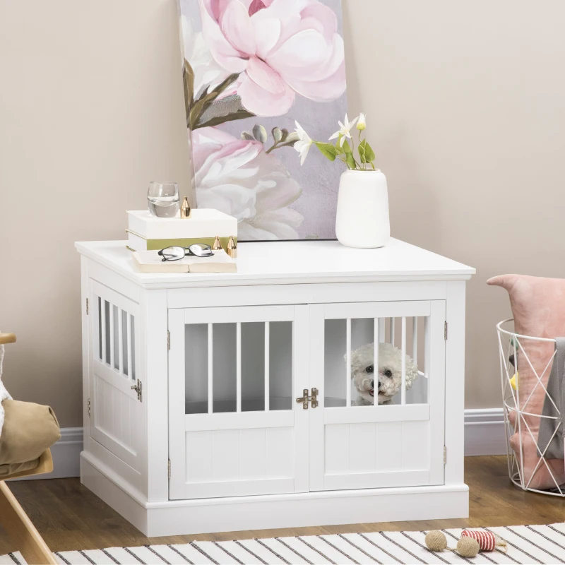 PawHut Wooden Dog Crate End Table, Dog Crate Furniture with Triple Doors, Puppy Crate for Small Dogs Indoor Use, White