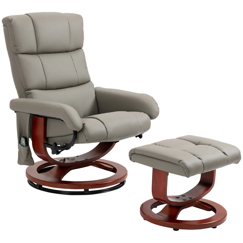 HOMCOM Massage Recliner Chair with Ottoman, Swivel Recliner and Footrest, Faux Leather Reclining Chair with Remote Control, 10 Vibration Point and Side Pocket, Gray