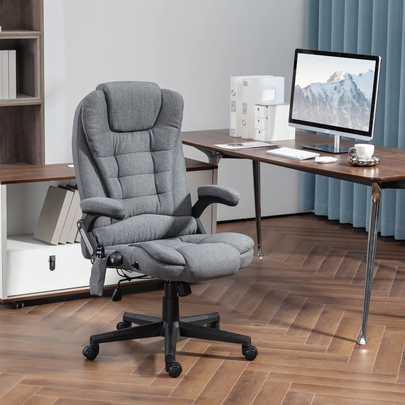 HOMCOM 6 Point Vibrating Massage Office Chair with Heat, Linen High Back Massage Desk Chair with Reclining Backrest, Gray