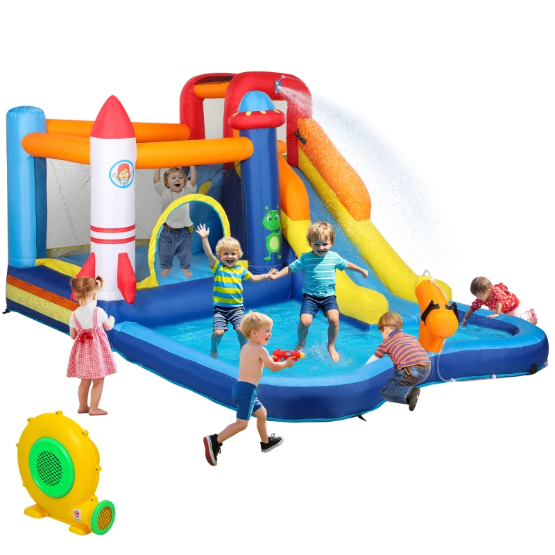 Qaba 5 in 1 Inflatable Bounce House, Water Slide with 550W Blower, Splash Pool, Trampoline, Climbing Wall, Cannon