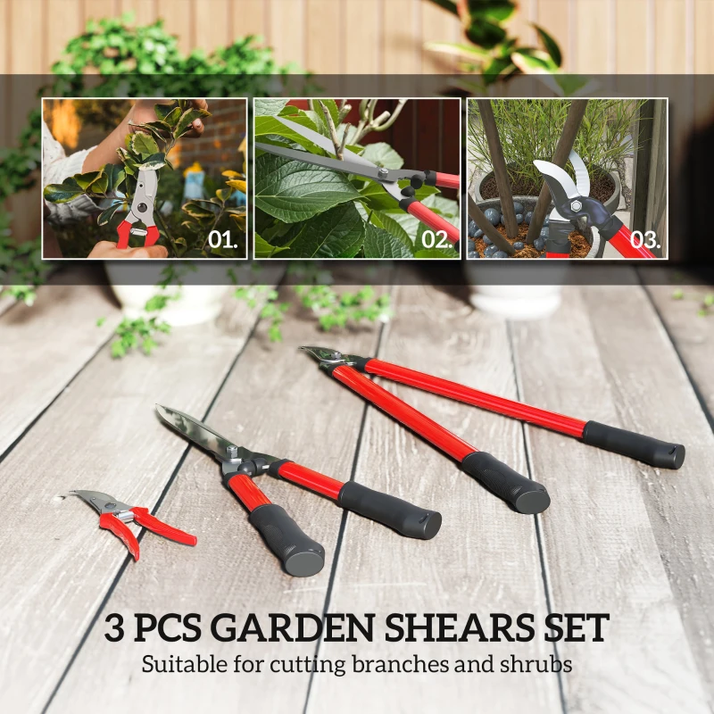 Outsunny 3 Pcs Pruning Shears Set with Hedge Shears, Lopper and Garden Secateurs, Garden Scissors Pruners for Gardening