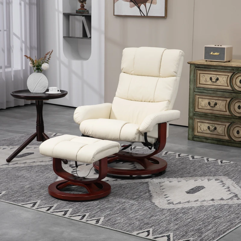 HOMCOM Swivel Recliner with Ottoman Massage, Recliner Chair and Ottoman, Faux Leather Reclining Chair with Remote, Cream White