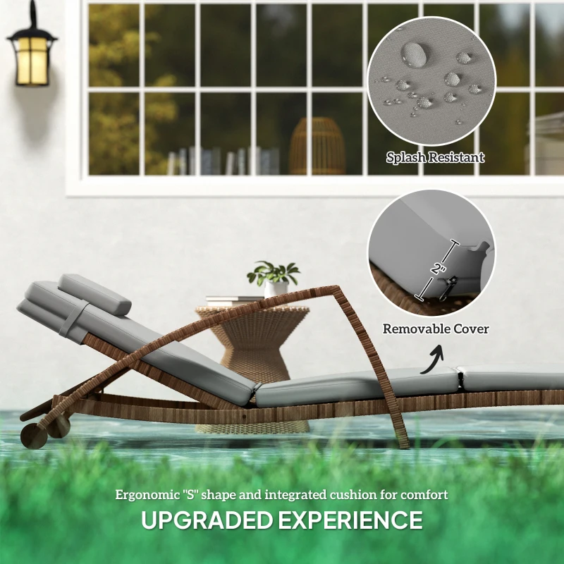 Outsunny Set of 2 Wicker Chaise Lounge Chair Outdoor Patio Lounger with 5 Adjustable Back, Wheels, Cushion, and Armrests, Gray