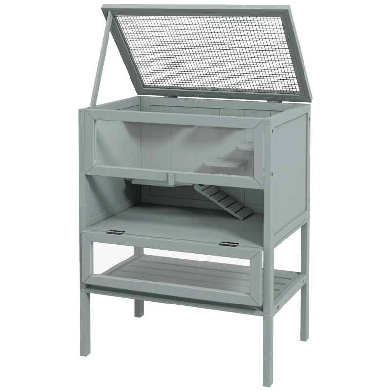 PawHut 3-Tier Wooden Hamster Cage Mice and Rat Cage Small Animals Hutch with Openable Top, Front Door, Storage Shelf, Gray