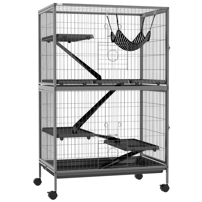 PawHut 50" H Rolling Small Animal Cage with Hammock, Ferret Cage, Chinchilla Cage, Pet Habitat with 4 Doors, Removable Tray