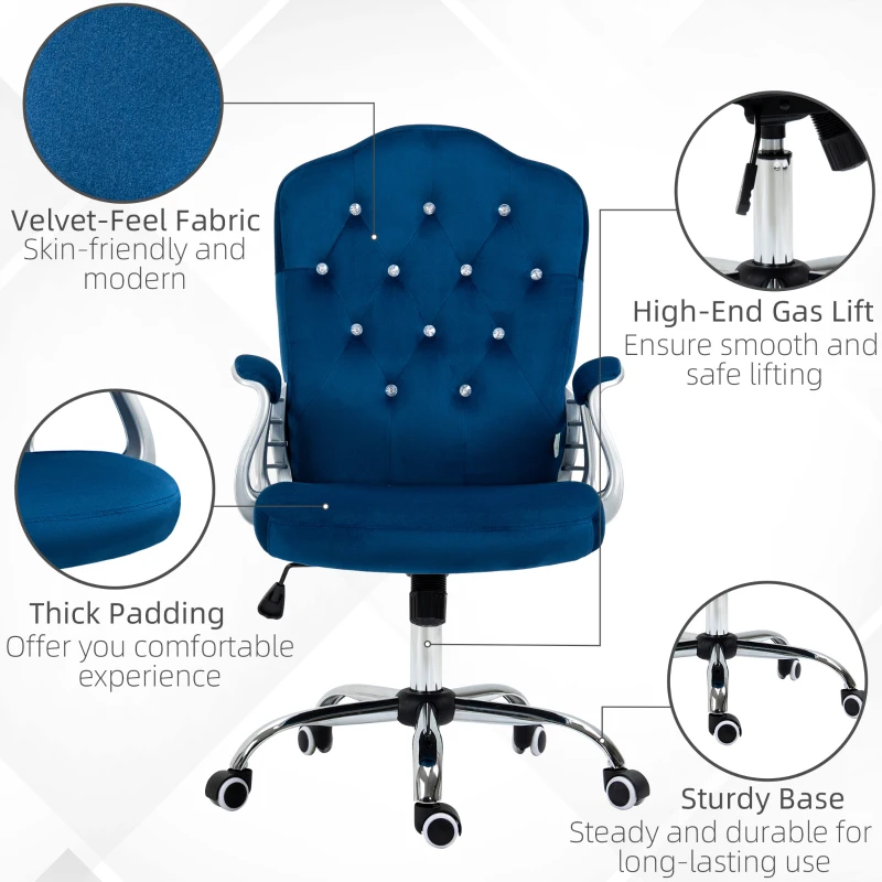 Vinsetto Velvet Office Chair Desk Chair with 360 Degree Swivel Wheels Adjustable Height Tilt Function Blue