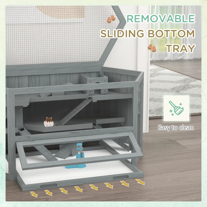 PawHut Wooden Hamster Cage Small Animal Exercise Play House 3 Tier with Tray, Seesaws, Water Bottle, Activity Center, Gray