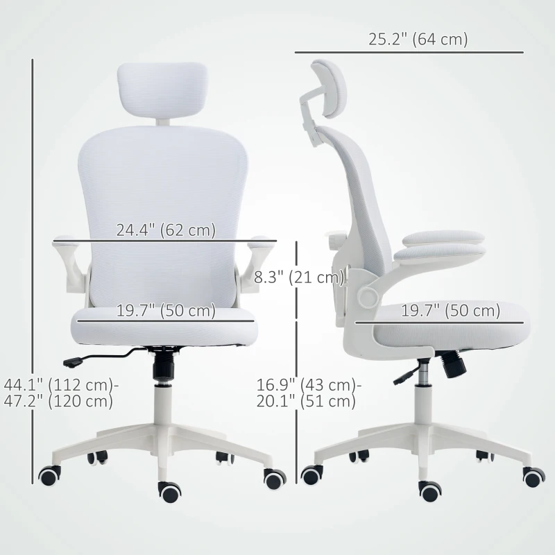 Vinsetto Office Chair, Mesh Computer Desk Chair with Adjustable Headrest, 4D Lumbar Support, Flip-up Arm, White