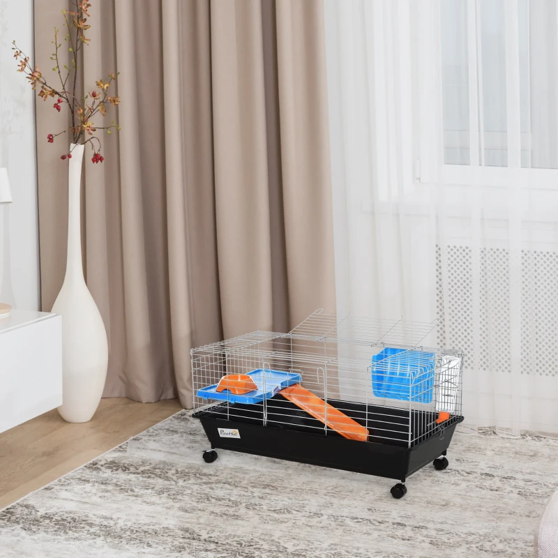 PawHut 35"L Small Animal Cage with Food Dish, Water Bottle, Hay Feeder, Platform, Ramp for Chinchilla, Black