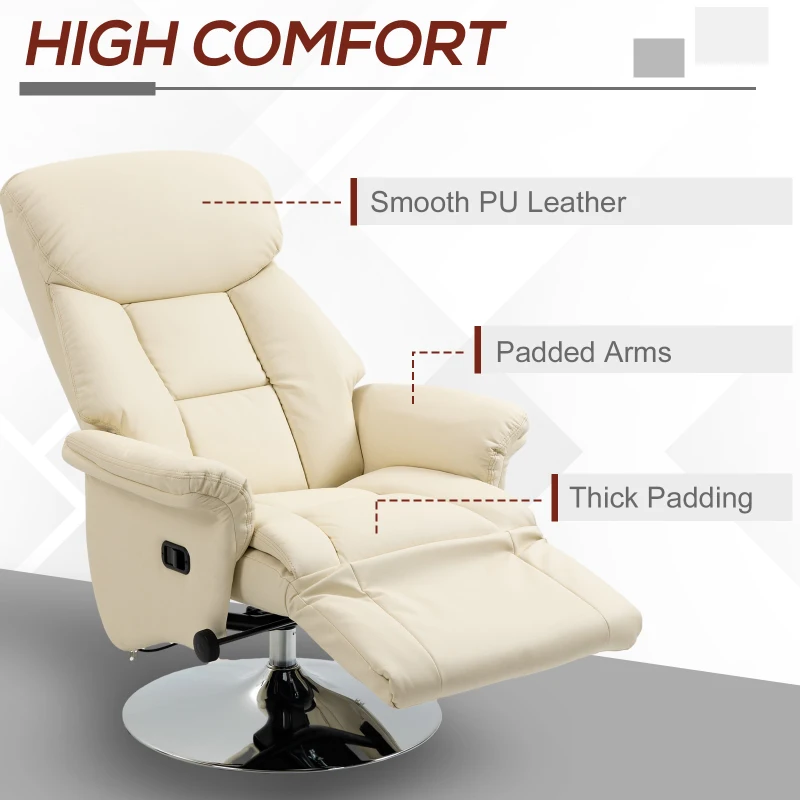 HOMCOM Swivel Recliner, Adjustable PU Leather Upholstered Recliner Chair with Footrest, Padded Arms and Steel Base, Cream White