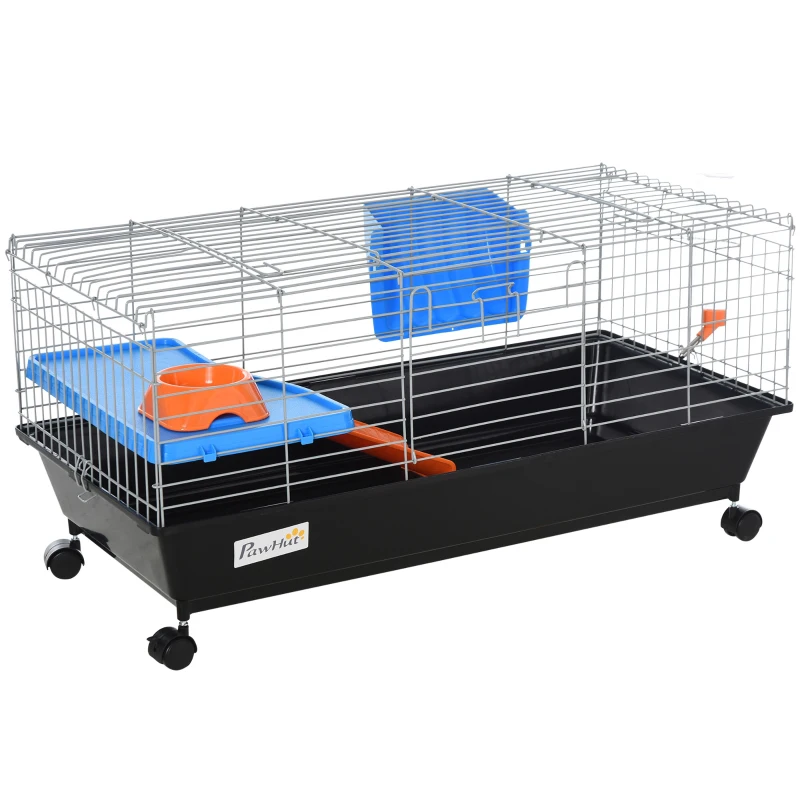 PawHut 35"L Small Animal Cage with Food Dish, Water Bottle, Hay Feeder, Platform, Ramp for Chinchilla, Black