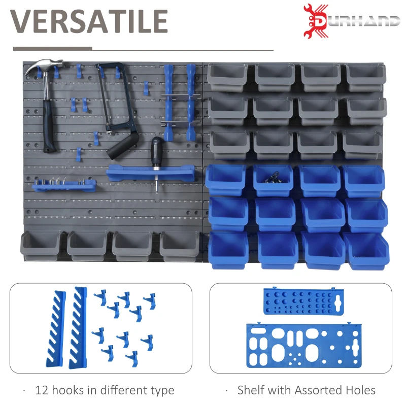 DURHAND 44 PCS Wall Mounted Pegboard Tool Organizer Rack Kit with Various Sized Storage Bins, Pegboard and Hooks, Blue