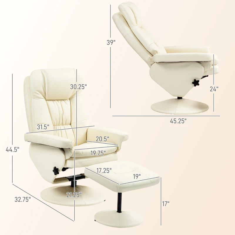 HOMCOM PU Leather Recliner Chair with Ottoman, Swivel Recliner and Ottoman with Round Wrapped Base for Living Room, Cream White