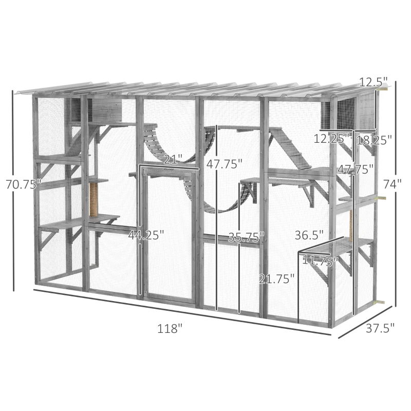 PawHut Catio Playground Cat Window Box Outside Enclosure for Multiple Cats w/ Shelves & Bridges, Gray