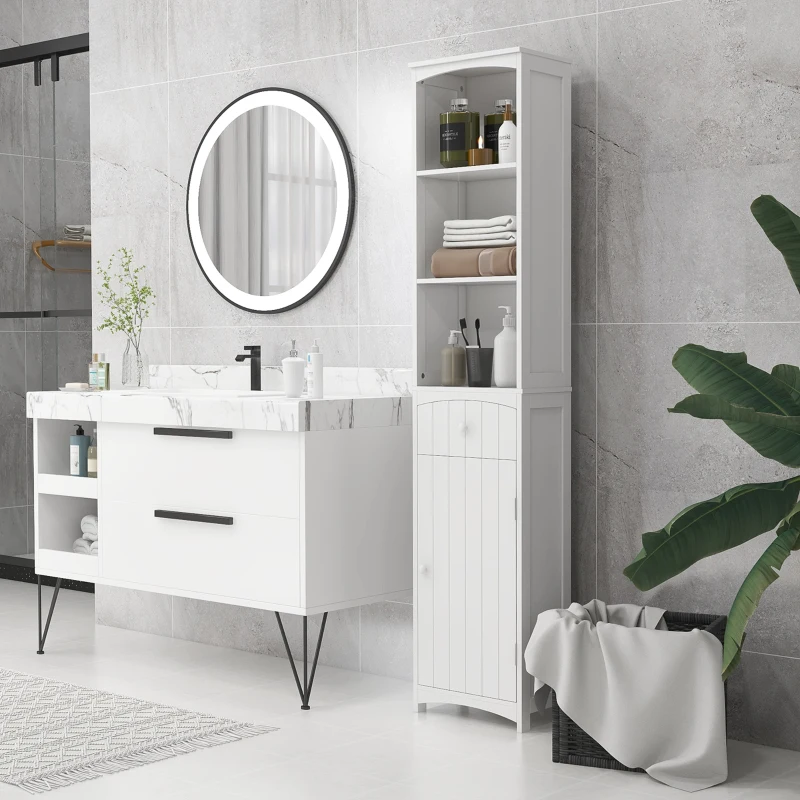 HOMCOM Bathroom Storage Cabinet, Free Standing Bathroom Storage Unit, Tall Linen Tower with 3-Tier Shelves and Drawer, White