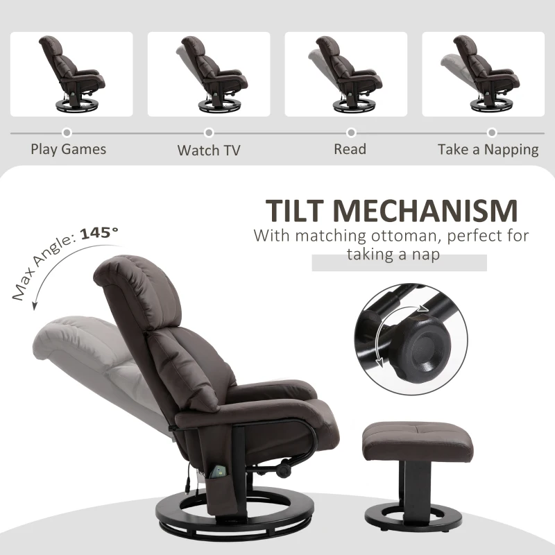 HOMCOM Recliner with Ottoman Footrest, Recliner Chair with Vibration Massage, Faux Leather and Swivel Wood Base for Living Room and Bedroom, Brown