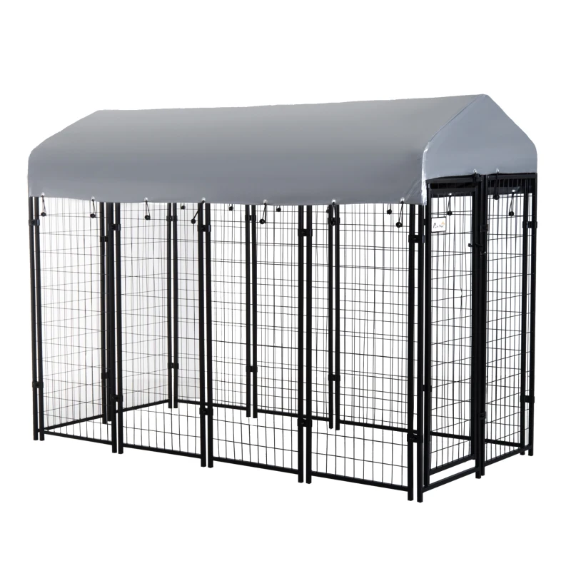 PawHut Outdoor Dog Kennel with Roof, 8' x 4' x 6' Heavy Duty Welded Wire Dog Playpen Enclosure with Escape-proof Lock, UV-Resistant & Waterproof Cover, for Large Dogs, Silver