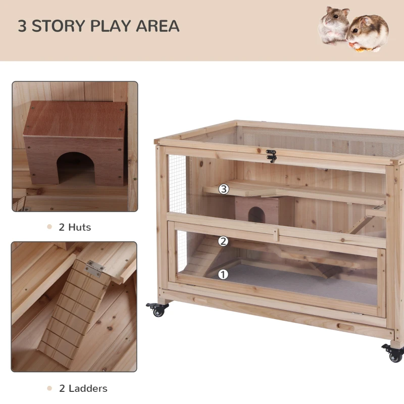 PawHut 3-Tier Wooden Hamster Cage, Small Animals Hutch with Ladders, Natural