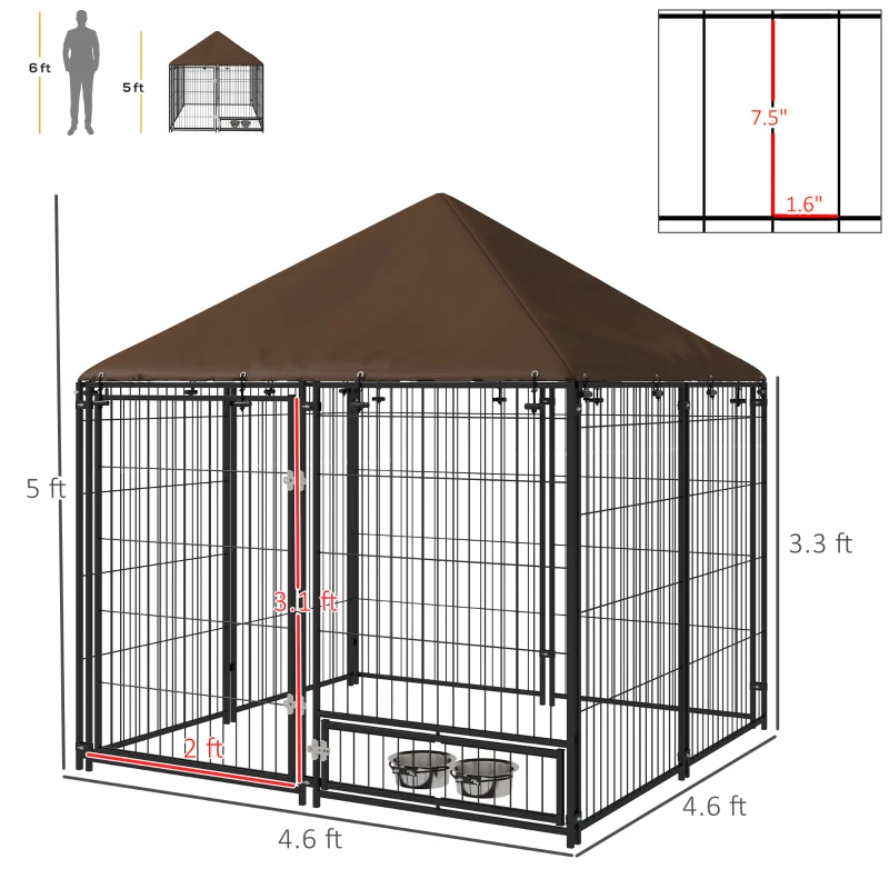 PawHut Outside Dog Kennel, 4.6' x 4.6' x 5' Puppy Play Pen with Canopy, Garden Playpen Fence Crate Enclosure Cage Rotating Bowl, for Dogs, Chickens, Ducks, Black