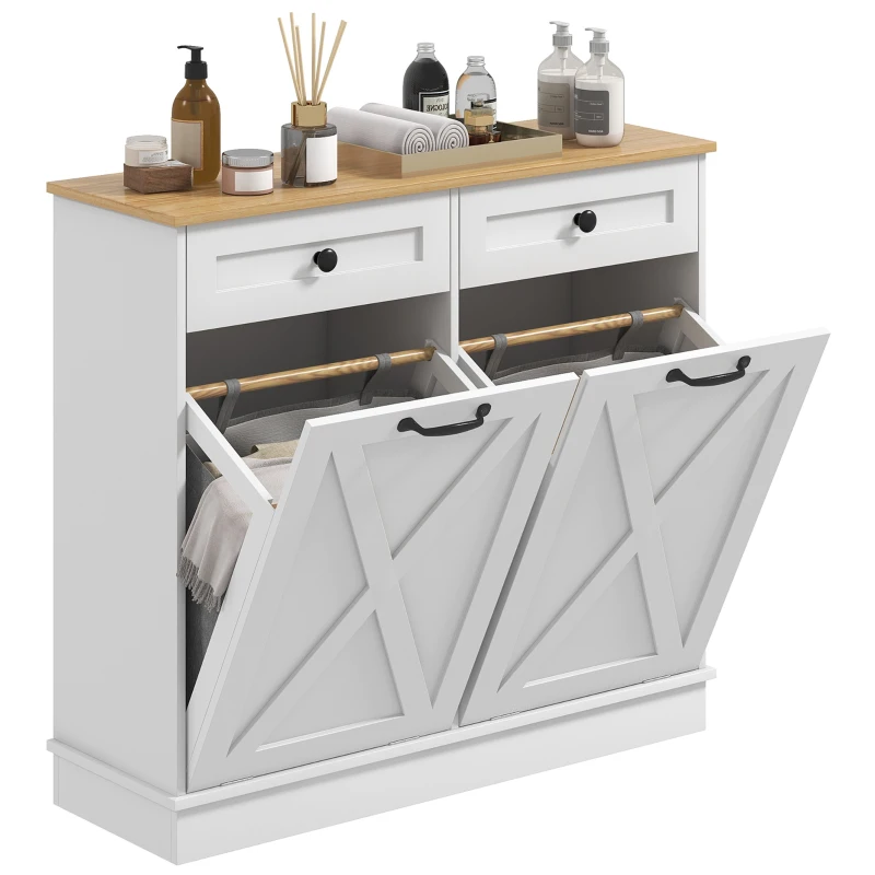 HOMCOM Tilt Out Laundry Hamper Cabinet, Bathroom Storage Cabinet with 2 Removable Baskets and 2 Drawers, White