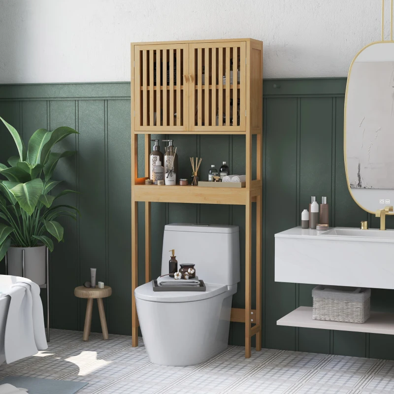 HOMCOM Over the Toilet Cabinet, Bamboo Bathroom Above Toilet Storage with Slatted Doors and Adjustable Shelf, Natural
