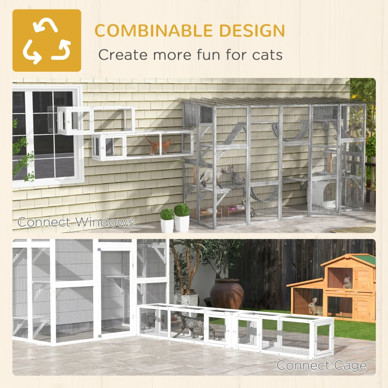 PawHut Wooden 98" Cat Tunnel for Outdoor with Combinable Design, 8 Doors, White