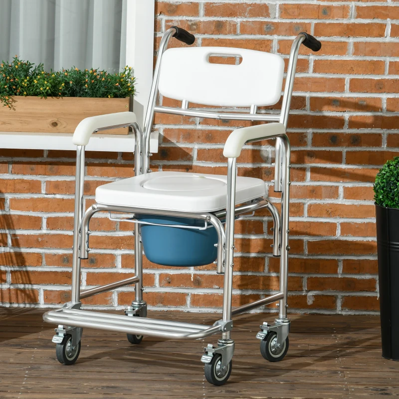 HOMCOM 3-in-1 Shower Commode Wheelchair, FSA/HSA Eligible Transport Beside Commode Chair, Waterproof Rolling Over Toilet Chair 330 lbs. Weight Capacity with Padded Seat, White